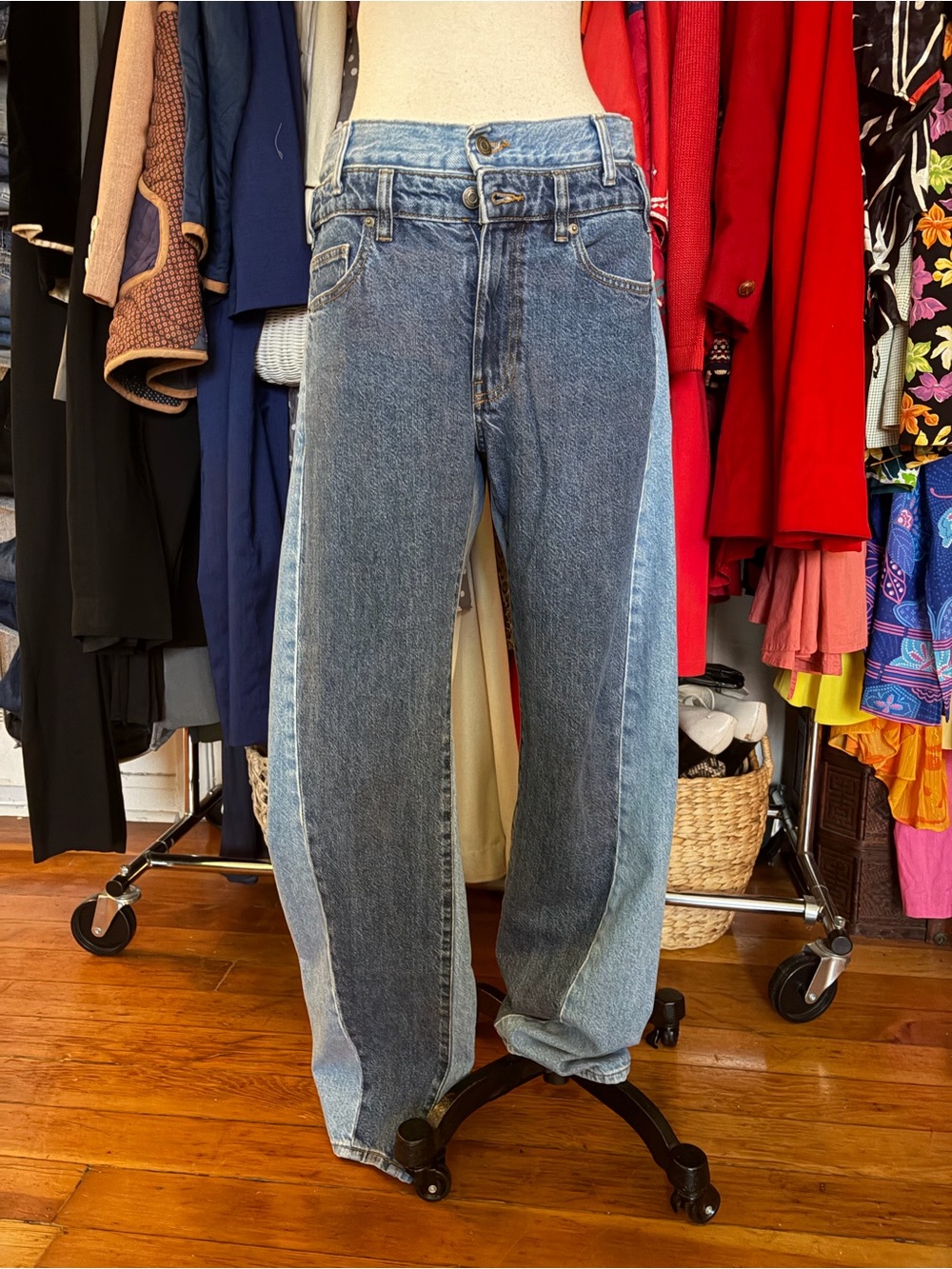 ZARA Two-Tone Panel High-Waist Jeans - Blue Denim